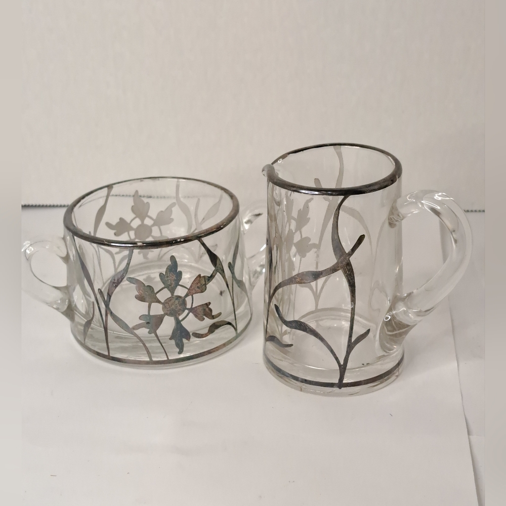 Antique Art Nouveau Silver Overlay Glass Cream and Sugar Bowl Set